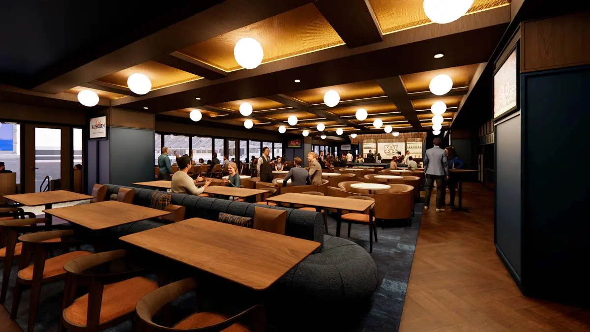 Rendering of the 1892 Legacy Room with booth and table seating, globe pendant lights, and warm wood paneling