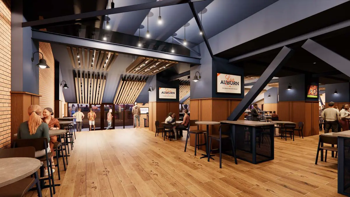 Rendering of the Kick Six Room event space with industrial decor and high ceilings