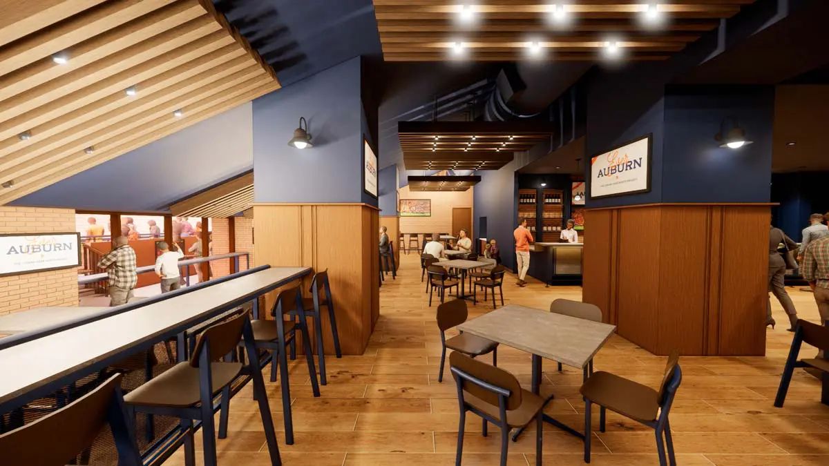Rendering of the Kick Six Room dining area with high-top tables, wood slat ceiling, and bar service