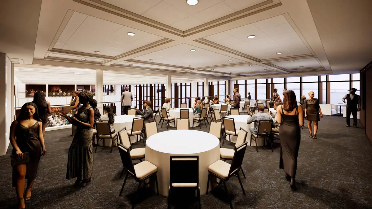 Rendering of a Heisman Meeting Room with round-table banquet seating, coffered ceiling, and floor-to-ceiling windows