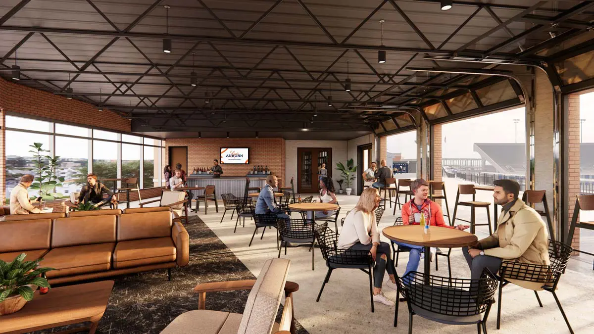 Rendering of The Perch rooftop lounge at dusk with covered bar, string lights, and outdoor seating overlooking campus