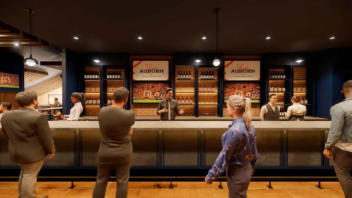 Rendering of the Kick Six Club lounge seating with booth tables and warm lighting