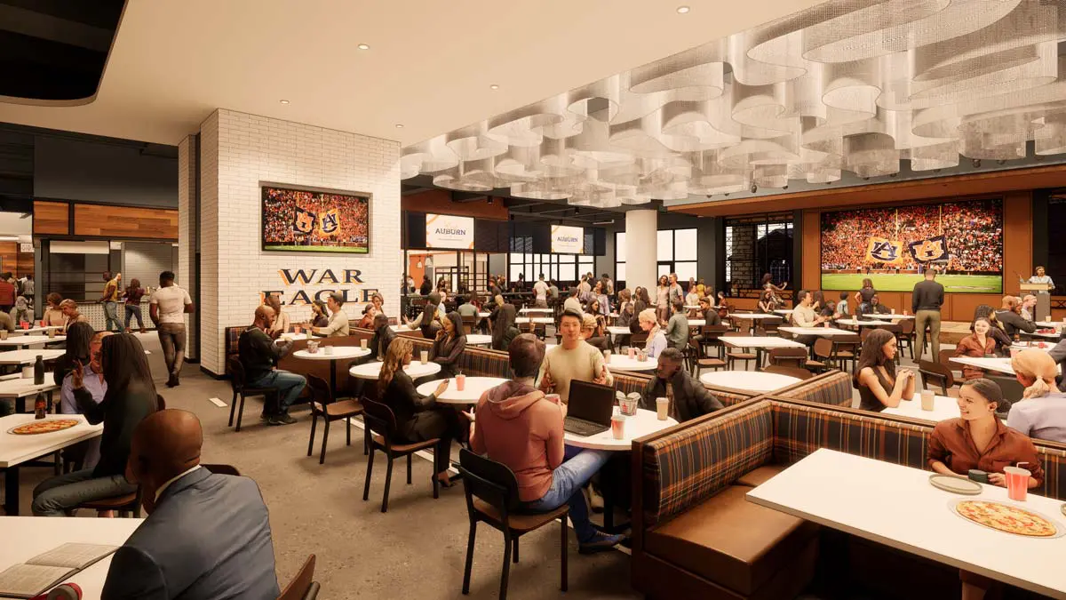 Rendering of Shug's Food Hall with booth seating, pendant lighting, and large video screens
