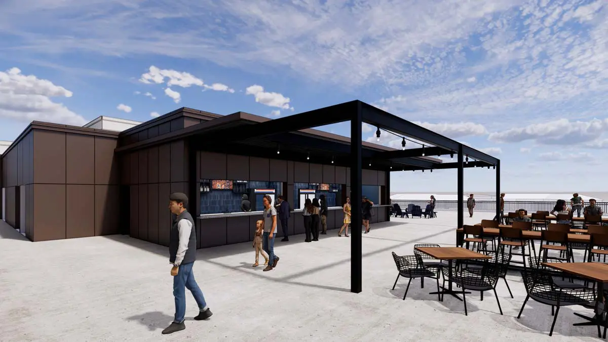 Rendering of Fast Flight Grab-N-Go rooftop concession stand with covered bar and outdoor seating