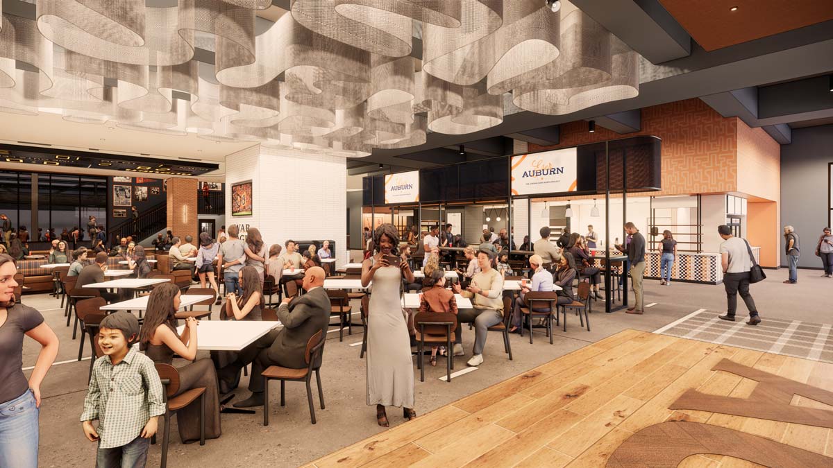 Rendering of Shug's Food Hall open dining area with decorative ceiling fixtures and food stalls