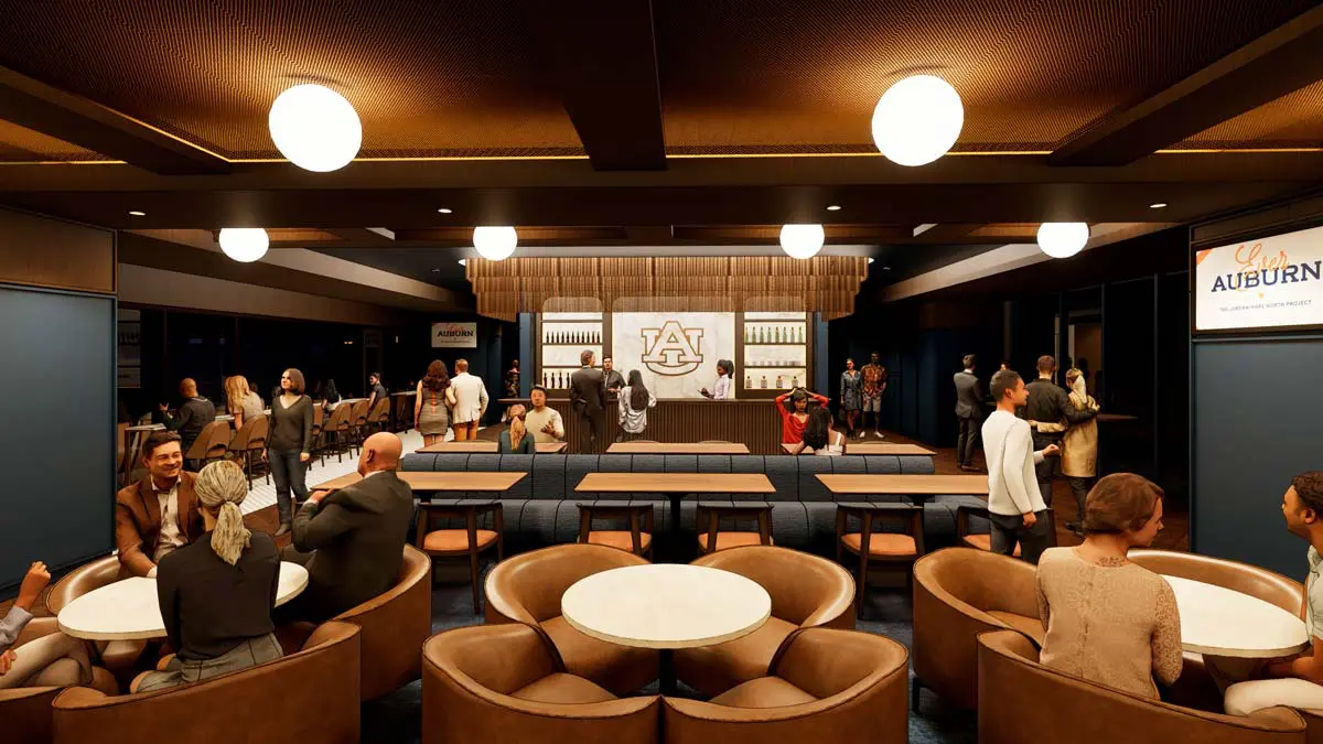 Rendering of the 1892 Legacy Club bar with Auburn logo, globe lights, and booth seating