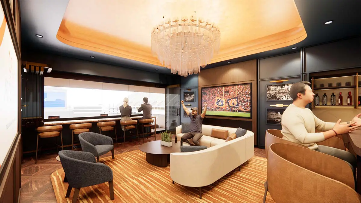 Rendering of the Heisman Founder's Suite lounge with sofa seating, chandelier, and views of the stadium
