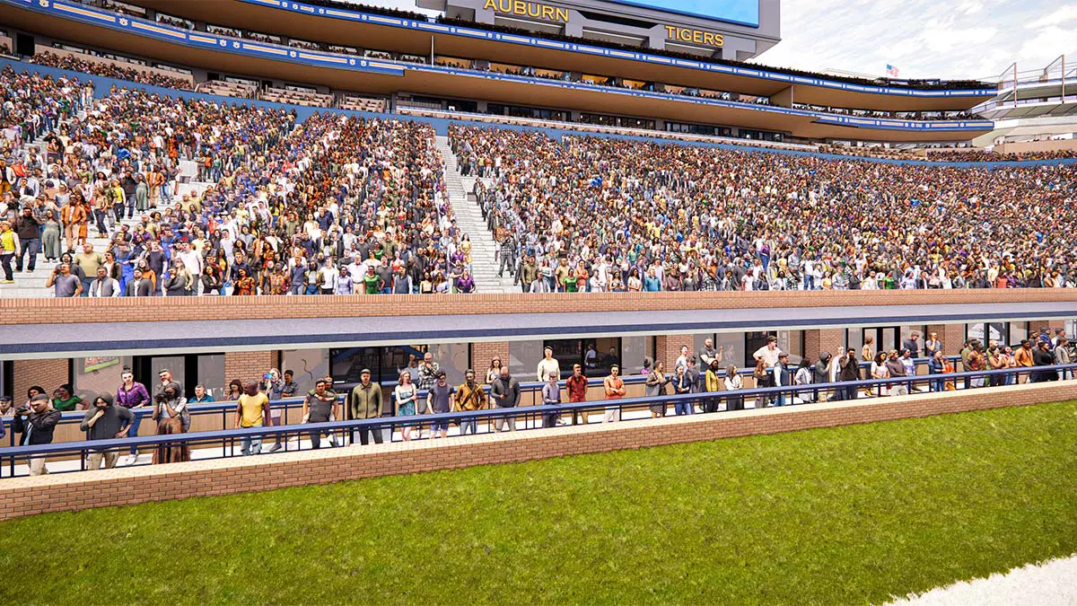 Rendering of Kick Six Field Suites from the field showing fans on the concourse-level patio