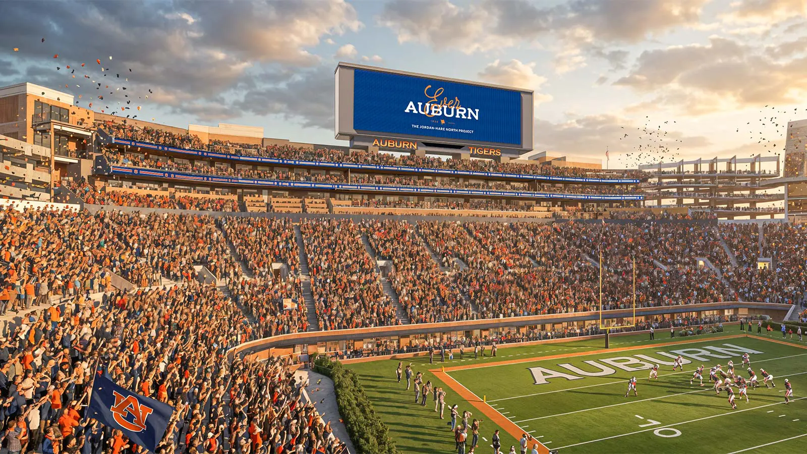 Rendering of the renovated north end zone during a packed gameday with new premium seating levels